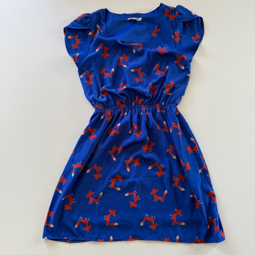 ModCloth-Peach Love-Fox Dress-Blue-Orange- A Line-Whimsical-Size M